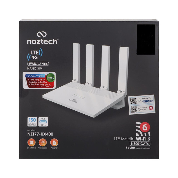 مودم روتر 4G نزتک مدل 77UX400 با اتصال سیمکارت، پشتیبانی از 10 کاربر، آنتن خارجی و درگاههای USB Type-C و RJ-45 LAN