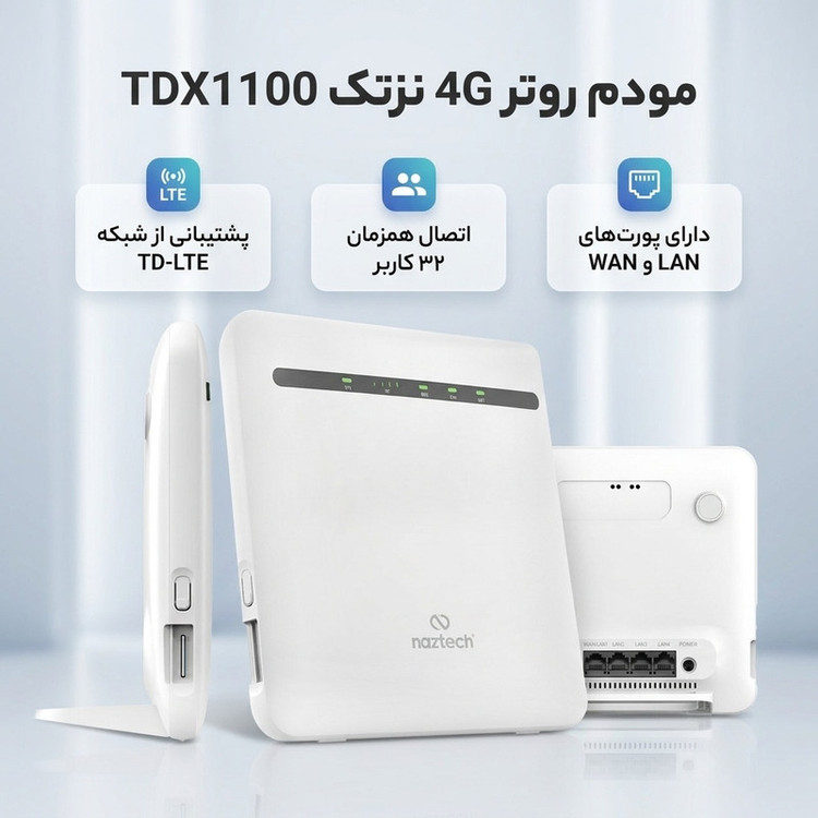 مودم روتر 4G خانگی نزتک مدل TDX1100 با پشتیبانی شبکه TD-LTE، اتصال با سیم و بیسیم، آنتن خارجی، شیار سیمکارت، رابط RJ-45 LAN و ظرفیت پشتیبانی تا 32 کاربر