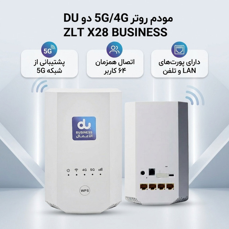 مودم روتر 5G، 4G، 3G دو مدل DU ZLT X28 BUSINESS با پشتیبانی همه سیمکارتها، تجمیع باند، اتصال دوگانه بیسیم و با سیم، ظرفیت 64 کاربر، خروجی تلفن برای استفاده خانگی، اداری و گیمینگ