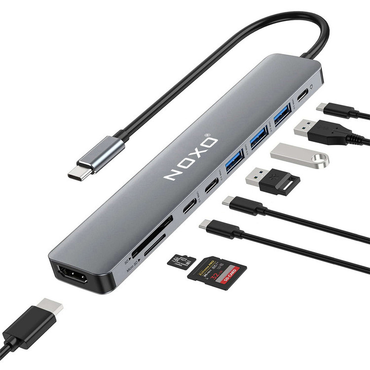 هاب 9 پورت USB-C نوکسو مدل HUB-N1 9in1 با پشتیبانی شارژ PD 100 وات، HDMI 4K، USB 3.0 و کارتخوان SD/TF