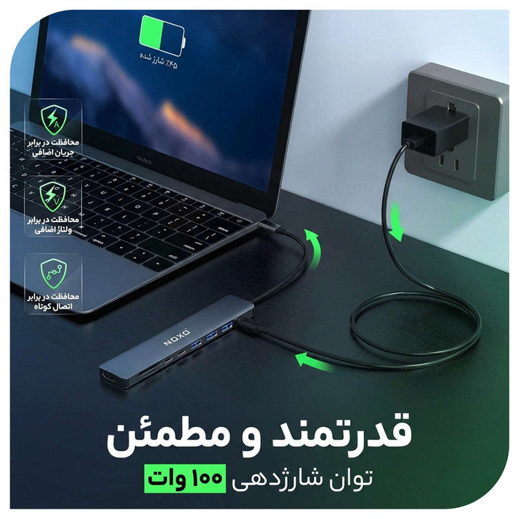 هاب 9 پورت USB-C نوکسو مدل HUB-N1 9in1 با پشتیبانی شارژ PD 100 وات، HDMI 4K، USB 3.0 و کارتخوان SD/TF