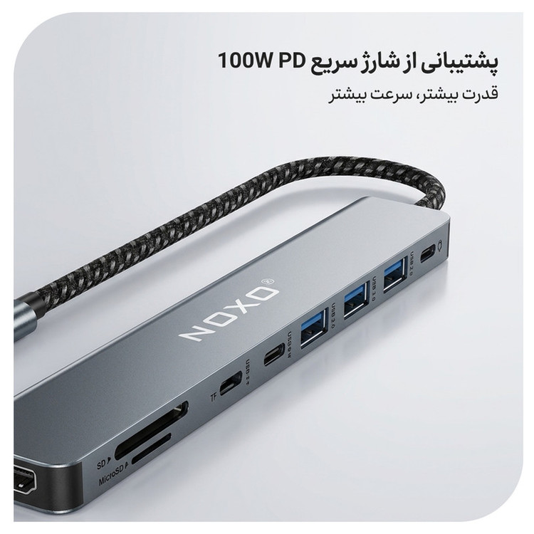 هاب 9 پورت USB-C نوکسو مدل HUB-N1 9in1 با پشتیبانی شارژ PD 100 وات، HDMI 4K، USB 3.0 و کارتخوان SD/TF