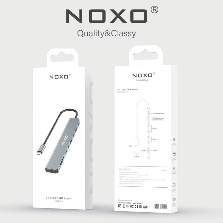 هاب 9 پورت USB-C نوکسو مدل HUB-N1 9in1 با پشتیبانی شارژ PD 100 وات، HDMI 4K، USB 3.0 و کارتخوان SD/TF