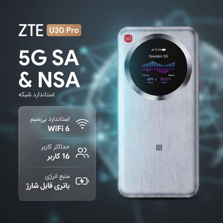 مودم روتر قابل حمل 5G زدتیای مدل U30 Pro با پشتیبانی از Wi-Fi 6، اتصال همزمان 16 کاربر و باتری قابل شارژ