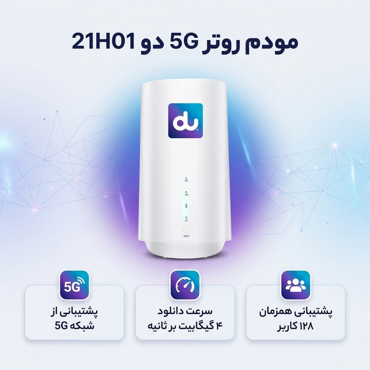 مودم روتر 5G دو مدل 21H01 با پردازنده مدیاتک MTK T750، حافظه رم 8 گیگابایت، حافظه فلش 8 گیگابایت، پشتیبانی از شبکههای 5G SA/NSA، سرعت دانلود 4 گیگابیت بر ثانیه، پشتیبانی همزمان 128 کاربر، اتصال کابلی و وایفای، رابط USB Type-C و RJ-45