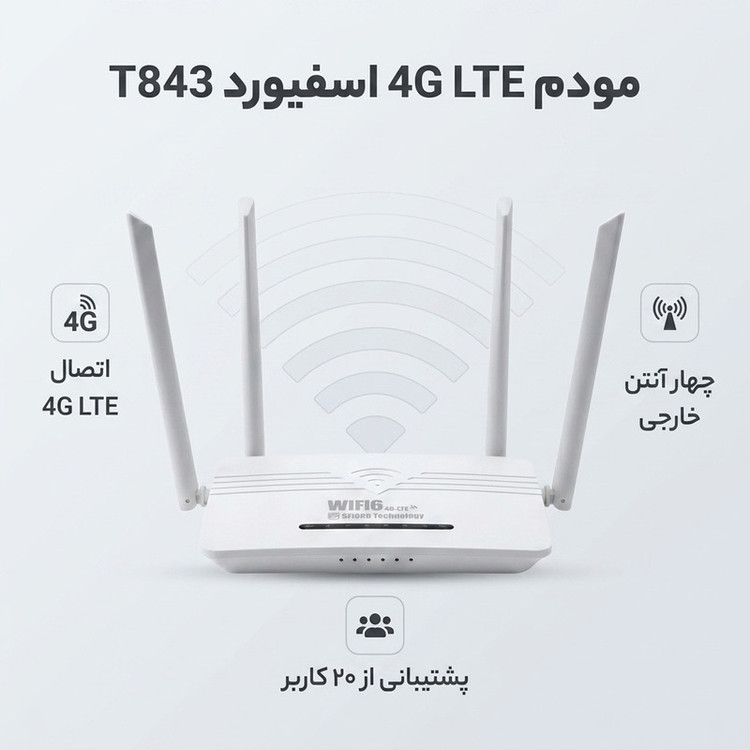 مودم روتر سیمکارتی 4G LTE اسفیورد مدل T843 با 4 پورت شبکه، وایفای نسل 6 و پشتیبانی همزمان از 20 کاربر