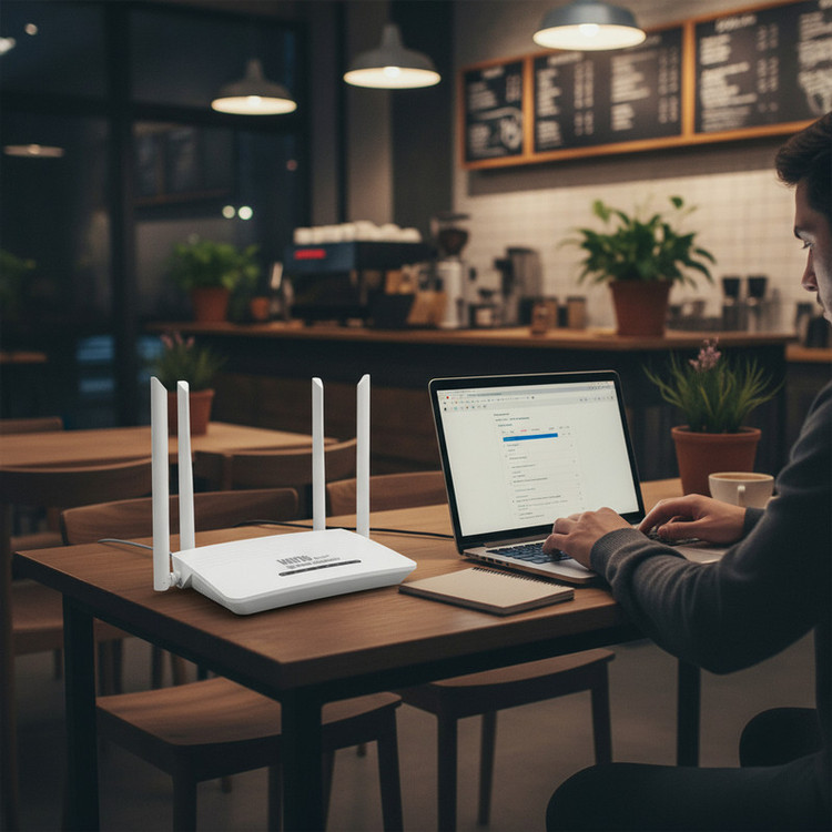 مودم روتر سیمکارتی 4G LTE اسفیورد مدل T843 با 4 پورت شبکه، وایفای نسل 6 و پشتیبانی همزمان از 20 کاربر